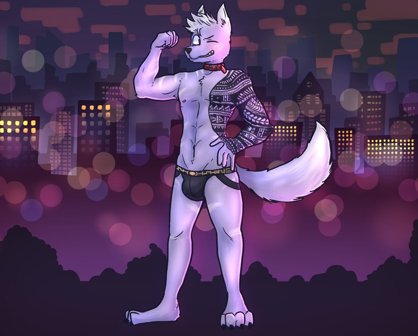 anthro arm_flex blush blush_lines clothing collar flexing flexing_muscles fur hair jock jockstrap male purple_body purple_fur scar solo tail tattoo underwear pumpkinbon ezra_lionheart canid canine canis mammal wolf hi_res