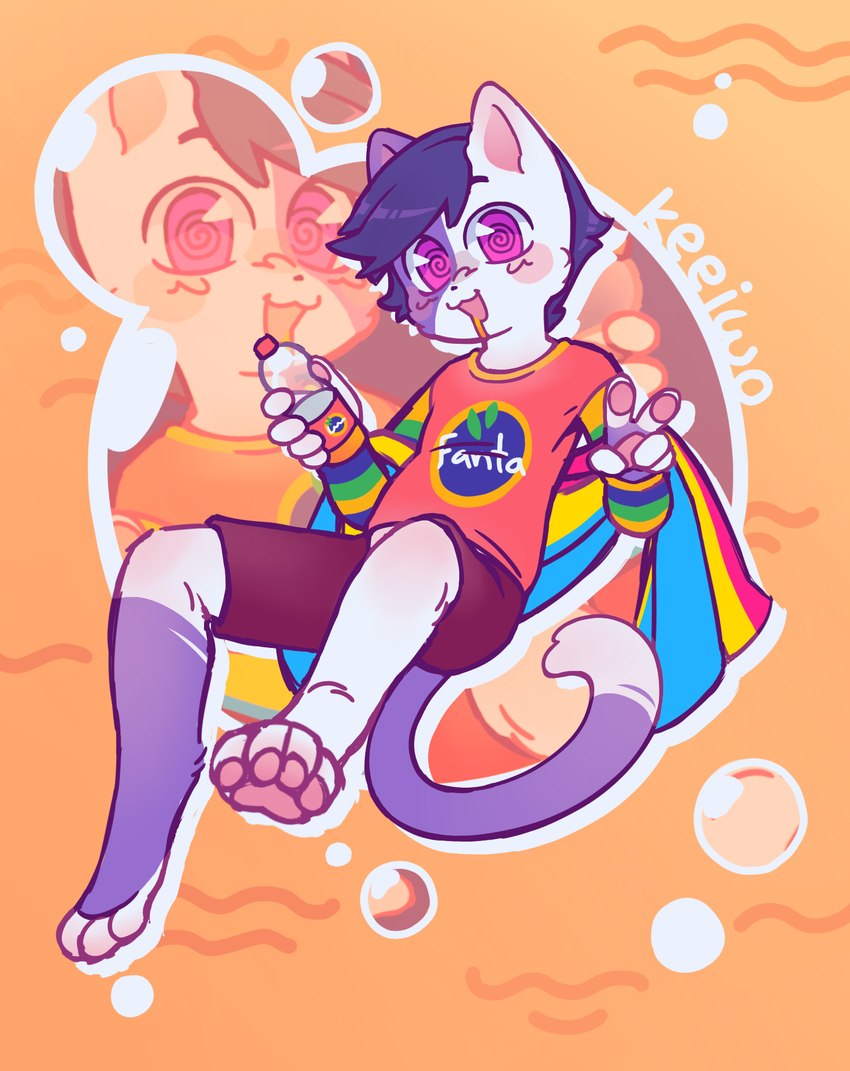 anthro barefoot beverage bottomwear cat_tail clothed clothing feet flag fluffy fluffy_chest fluffy_ears fluffy_hair fluffy_tail front_view fur fuzzy gesture hair hand_gesture inner_ear_fluff lgbt_pride looking_at_viewer male open_mouth open_smile orange_background pan pansexual pansexual_pride_colors pawpads pride_color_flag pride_colors print_clothing print_shirt print_topwear purple_body purple_eyes purple_fur purple_hair rainbow_flag rainbow_pride_flag rainbow_symbol shirt shorts simple_background smile soda soda_bottle solo spiral_pupils tail topwear tuft v_sign white_body white_cat white_fur keeiwo fanta lgbt_pride_month oc_fred domestic_cat felid feline felis mammal digital_media_(artwork) hi_res