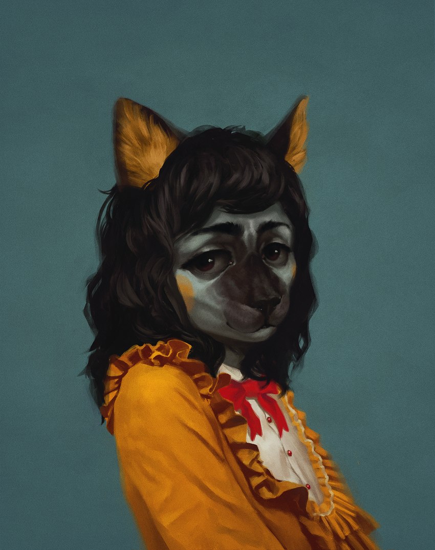 anthro bow_ribbon bow_tie brown_eyes clothing dress female hair long_hair solo yellow_clothing yellow_dress bra1neater domestic_cat felid feline felis mammal 2023 digital_drawing_(artwork) digital_media_(artwork) hi_res portrait