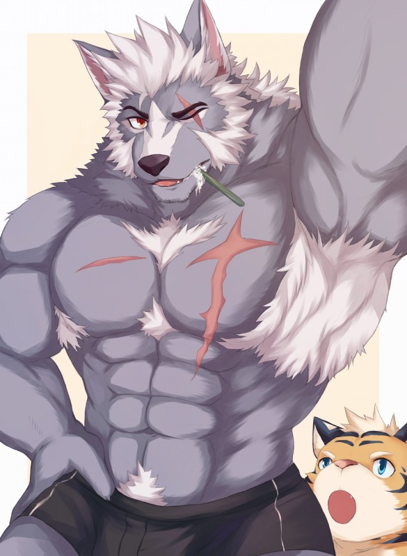 abs anthro biceps brush clothed clothing duo fur hair male muscular muscular_male pecs pubes raised_arm scar solo_focus toothbrush toothbrush_in_mouth topless 617foreverwithy morihiko canid canine canis felid mammal pantherine tiger wolf 2019 digital_media_(artwork) hi_res