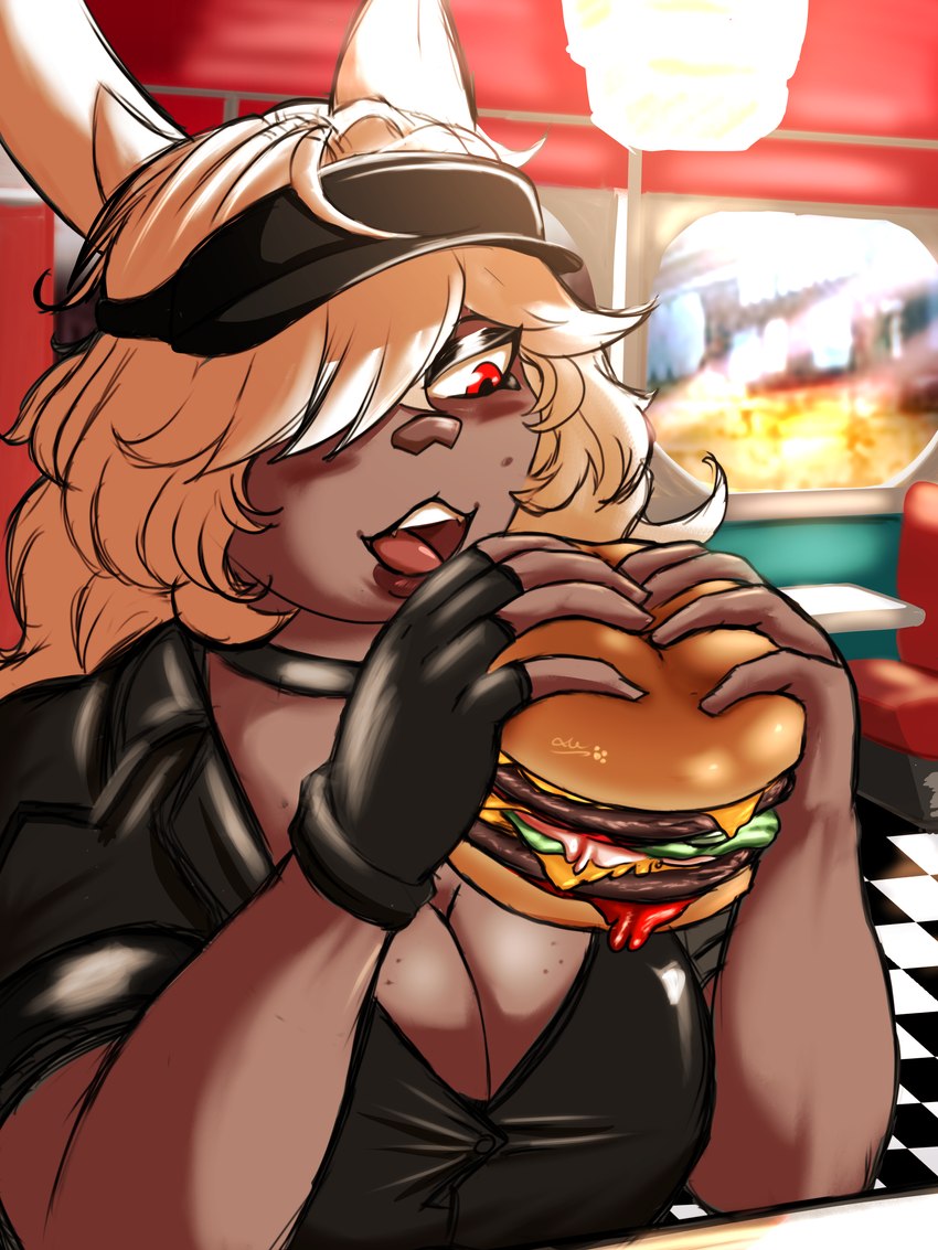 breasts burger cleavage clothed clothing dark_body dark_skin diner female food hair happy hat headgear headwear holding_burger holding_food holding_object looking_at_food looking_at_object open_mouth red_eyes restaurant solo visor_cap white_hair axelwolf axelwolfloyalty meloni animal_humanoid humanoid kangaroo kangaroo_humanoid macropod macropod_humanoid mammal mammal_humanoid marsupial marsupial_humanoid 3:4 absurd_res hi_res