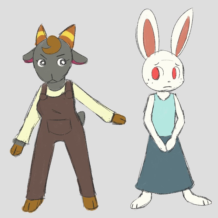 2_horns anthro barefoot black_nose bottomwear breasts brown_clothing brown_hair brown_overalls clothed clothing duo eyebrows eyelashes feet female freckled_face freckles fully_clothed fur grey_background grey_body grey_bottomwear grey_clothing grey_fur grey_skirt hair hoof_hands hooves horn mouth_closed no_pupils overalls red_eyes scut_tail shirt short_tail simple_background skirt standing tail tan_clothing tan_shirt tan_topwear tank_top teal_clothing teal_shirt teal_tank_top teal_topwear toes topwear white_body white_fur diddgery nan_quest ruby_quest nan_(nq) ruby_(rq) bovid caprine goat lagomorph leporid mammal rabbit 1:1 2020 digital_media_(artwork)