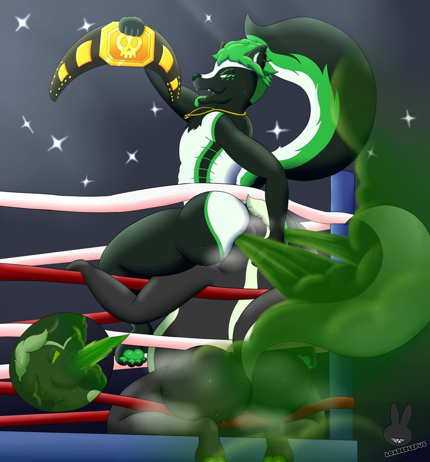 anthro butt defeat duo fart fart_cloud fart_fetish farting_in_mouth farting_on_another farting_on_face fighting_ring gassy male male/male raised_tail smelly stinkface tail wrestler wrestling loadedlepus nt_skunkington mammal mephitid skunk hi_res