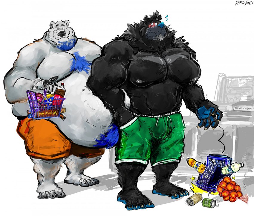 anthro arm_on_stomach basket belly belly_press beverage_bottle beverage_can big_belly blush bodily_fluids bump clothed clothing container dropping_object duo facial_hair food fruit groceries grocery_store hand_in_pocket holding_basket holding_container holding_object looking_away male male/male moobs muscular muscular_anthro muscular_male nipples orange_(fruit) overweight overweight_anthro overweight_male panicking plant pockets shadow smile snacks standing sweat sweatdrop swimwear topless topless_anthro topless_male aokamidu bear black_bear mammal polar_bear ursine