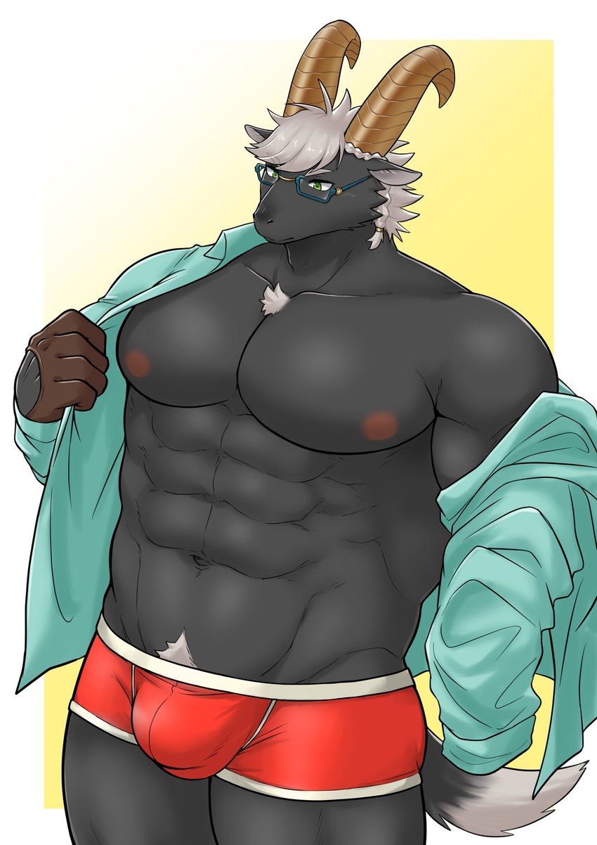 abs anthro black_body black_fur body_hair briefs bulge chest_hair clothing eyewear fur glasses hair horn male muscular muscular_anthro muscular_male pecs solo underwear undressing white_hair ioenami88 lifewonders tokyo_afterschool_summoners tanngrisnir_(tas) bovid caprine goat mammal hi_res