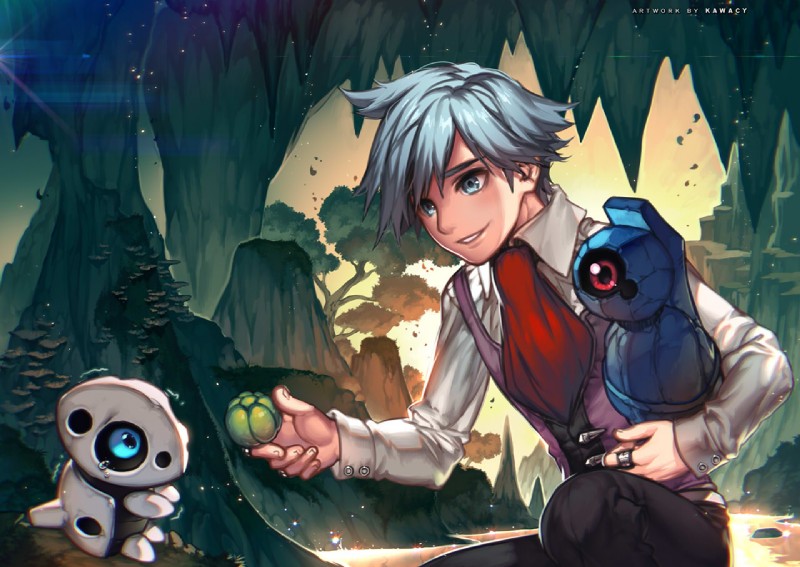 ambiguous_gender berry blue_eyes blue_hair bodily_fluids cave clothed clothing feral food fruit group hair lum_berry male mountain outside plant pokemon_berry pokemon_champion red_eyes river shaking shivering tears teeth tree water kawacy nintendo pokemon steven_stone aron beldum generation_3_pokemon human mammal pokemon_(species)