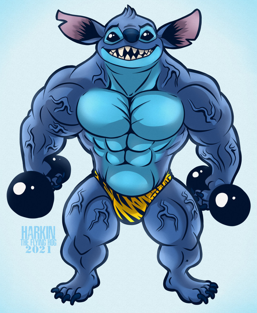 4_fingers 4_toes abs anthro anthrofied biceps big_muscles biped blue_body blue_claws blue_eyes blue_fur blue_nose bulge claws clothing dumbbell feet fingers front_view fur head_tuft humanoid_feet male muscular muscular_anthro muscular_male notched_ear open_mouth open_smile pecs plantigrade smile solo speedo standing swimwear toe_claws toes tuft vein veiny_muscles weights harkin_theflyinghog disney lilo_and_stitch himbo_stitch stitch_(lilo_and_stitch) alien experiment_(lilo_and_stitch) 2021 digital_media_(artwork) full-length_portrait hi_res portrait