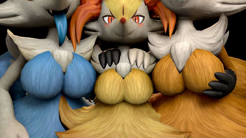 anthro big_breasts black_background black_body black_fur blue_body blue_fur blue_tongue blush breast_grab breasts clenched_teeth digitigrade dipstick_tail fangs featureless_breasts female fur group hand_on_breast hand_on_shoulder long_tongue markings multicolored_body multicolored_fur multicolored_tail orange_body orange_fur red_eyes sharp_teeth simple_background size_difference smile tail tail_markings teeth tongue white_body white_fur yellow_body yellow_fur kristall_krit nintendo pokemon bluffy bluxen fan_character vii_(kristall_krit) braixen generation_6_pokemon pokemon_(species) 16:9 2018 3d_(artwork) absurd_res digital_media_(artwork) hi_res source_filmmaker_(artwork) widescreen