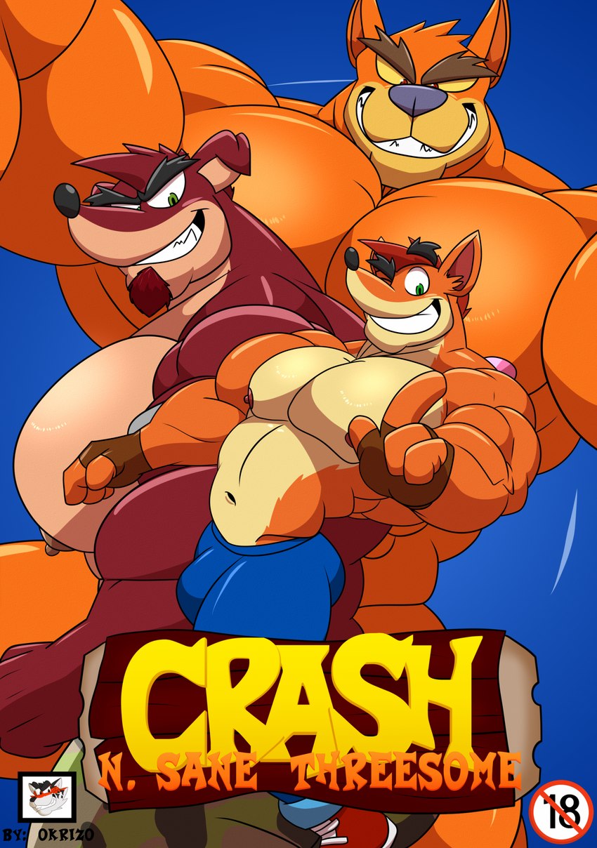 anthro biceps bulge clothed clothing group male muscular muscular_male one_eye_closed pecs topless trio wink slash876 activision crash_bandicoot_(series) crash_bandicoot crunch_bandicoot tiny_tiger bandicoot dasyuromorph mammal marsupial recently_extinct_species thylacine comic cover cover_art cover_page hi_res