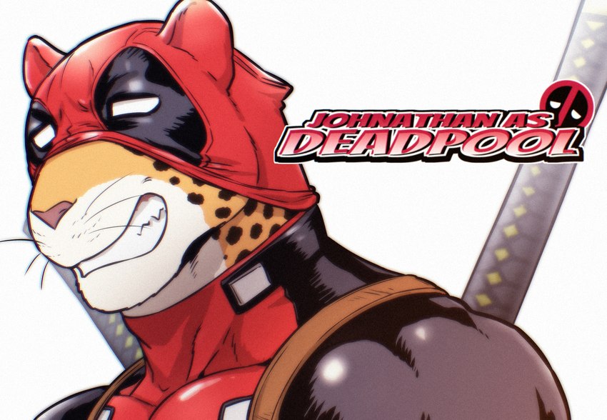 anthro clothed clothing cosplay fur male mask melee_weapon simple_background smile solo sword text weapon white_background maririn marvel deadpool johnathan_fretchman felid leopard mammal pantherine bust_portrait digital_media_(artwork) english_text hi_res portrait