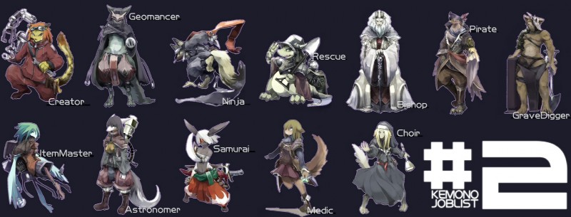 anthro armor bishop clothed clothing fantasy female geomancer group japanese male medic ninja pirate rescue samurai tail text warrior weapon salz avian canid canine felid lagomorph lion mammal pantherine scalie english_text hi_res