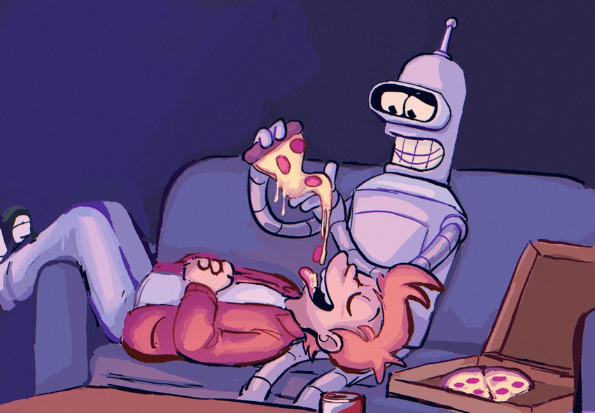 cheese clothing container dairy_products duo food furniture jacket machine male male/male not_furry open_mouth pizza pizza_box pizza_slice red_clothing red_jacket red_topwear sofa tongue tongue_out topwear handsomehugs politepuppet comedy_central futurama bender_bending_rodríguez philip_j._fry human mammal robot hi_res