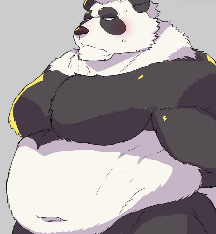 anthro belly black_body black_fur blush bodily_fluids fur male moobs overweight overweight_anthro overweight_male simple_background solo sweat white_body white_fur star_parlor bear giant_panda mammal 2019 hi_res