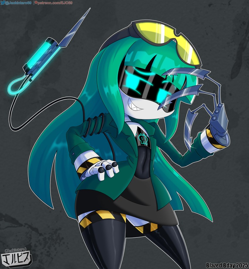 accessory bottomwear claws clothed clothing eyewear fangs female fingers goggles green_eyes green_hair hair hazard_stripes headgear headwear jacket long_hair looking_at_viewer machine not_furry screen_eyes shark_teeth simple_background skirt smile smug smug_face solo syringe tail teeth text topwear white_body jackintaro glitch_productions murder_drones fan_character disassembly_drone humanoid robot robot_humanoid tailed_humanoid absurd_res digital_media_(artwork) hi_res url