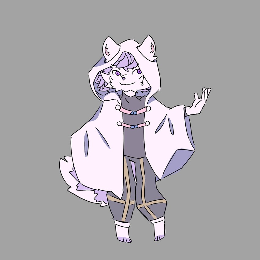 bottomwear cloak clothing hair pants purple_eyes purple_hair shirt simple_background solo standing topwear moordred domestic_cat felid feline felis mammal 1:1 absurd_res hi_res