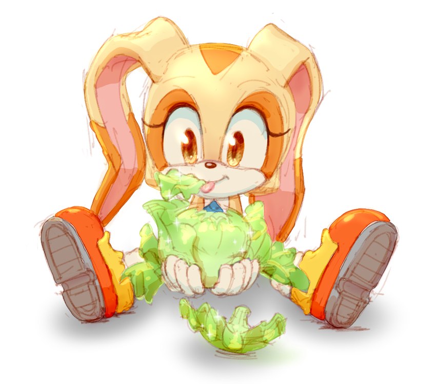 anthro brown_eyes cabbage clothing eating female food footwear gloves handwear hankerchief long_ears plant shoes sitting socks solo tan_body tongue tongue_out vegetable young dctr2 sega sonic_the_hedgehog_(series) cream_the_rabbit lagomorph leporid mammal rabbit