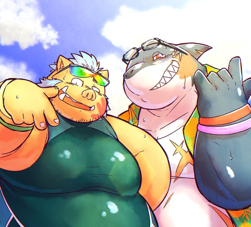 anthro belly countershading duo eyewear grin male musclegut muscular overweight overweight_male pecs sharp_teeth slap_mark smile sunglasses teeth tusks wetsuit chi_tiu chiro_(artist) lifewonders tokyo_afterschool_summoners ganglie_(tas) typhon_(tas) fish mammal marine shark suid suine sus_(pig) wild_boar 2022 absurd_res hi_res