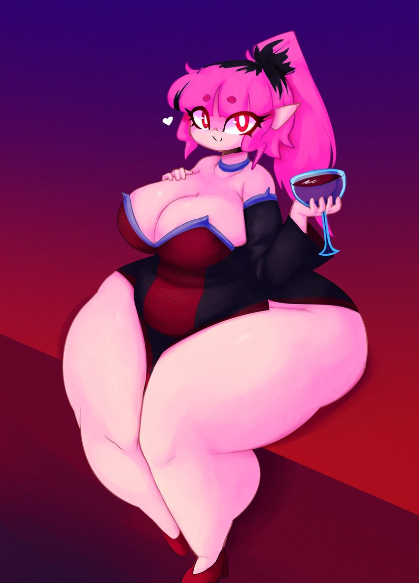 alcohol beverage big_breasts big_butt bottom_heavy breasts butt cleavage clothed clothing container cup dress drinking_glass female footwear glass glass_container glass_cup hair heart_symbol high_heels huge_breasts huge_butt huge_thighs humanoid_pointy_ears looking_at_viewer not_furry pink_hair pointy_ears ponytail red_eyes shoes sitting smile solo thick_thighs wide_hips wine wine_glass mysterydad elise_(mysterydad) humanoid vampire absurd_res hi_res