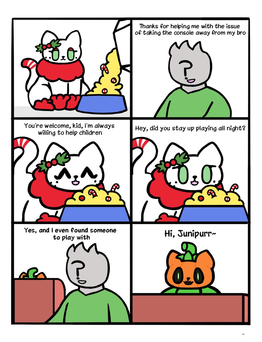 bowl candy cane cereal chest_tuft clothing coach comic_panel container dessert dialogue duo eyebrows faceless_character faceless_male female feral food for_a_head freckles fruit fur green_clothing green_eyes green_sweater green_topwear grey_body male male/female peppermint_(candy) plant pumpkin pumpkin_head red_eyebrows sitting sweater text topwear tuft young young_male minigoat anon junipurr pumkat domestic_cat felid feline felis human mammal object_head comic english_text hi_res