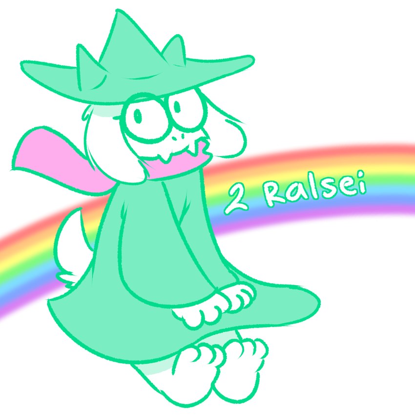 anthro barefoot big_glasses clothing eyewear feet fur glasses green_clothing green_hat green_headwear green_robe hat headgear headwear male pink_scarf rainbow robe scarf simple_background solo text white_body white_fur nishi_oxnard deltarune undertale undertale_(series) ralsei boss_monster_(undertale) bovid caprine mammal 1:1 2023