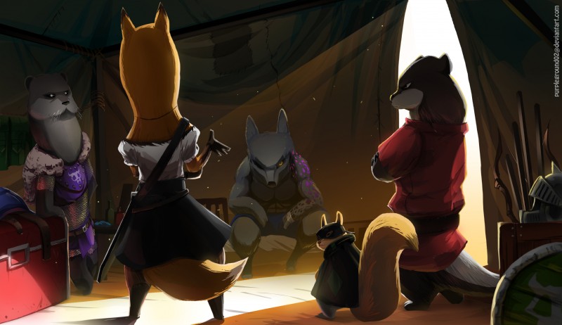 armor bed clothed clothing female fur furniture group headgear helmet male melee_weapon shield sitting sword weapon whiskers yellow_body yellow_fur purpleground02 armello league_of_geeks horace_(armello) scarlet_(armello) sylas_(armello) thane_(armello) twiss_(armello) badger canid canine canis fox mammal mustelid musteline otter rodent sciurid tree_squirrel wolf 2016 absurd_res hi_res