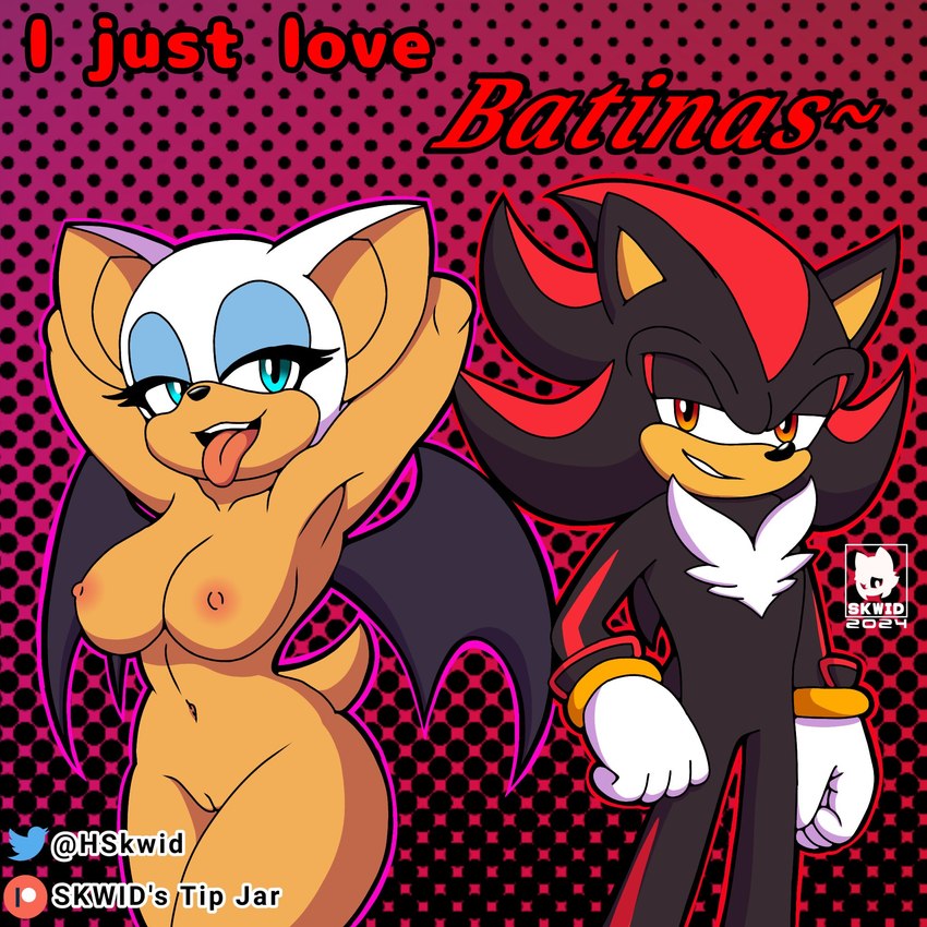 anthro areola bedroom_eyes breasts clothing duo eyeshadow female genitals gloves hair hand_behind_head handwear looking_at_viewer makeup male male/female membrane_(anatomy) membranous_wings narrowed_eyes navel nipples nude open_mouth pussy seductive smile tail teeth text tongue tongue_out wings skwid sega sonic_the_hedgehog_(series) rouge_the_bat shadow_the_hedgehog bat eulipotyphlan hedgehog mammal digital_media_(artwork) english_text hi_res