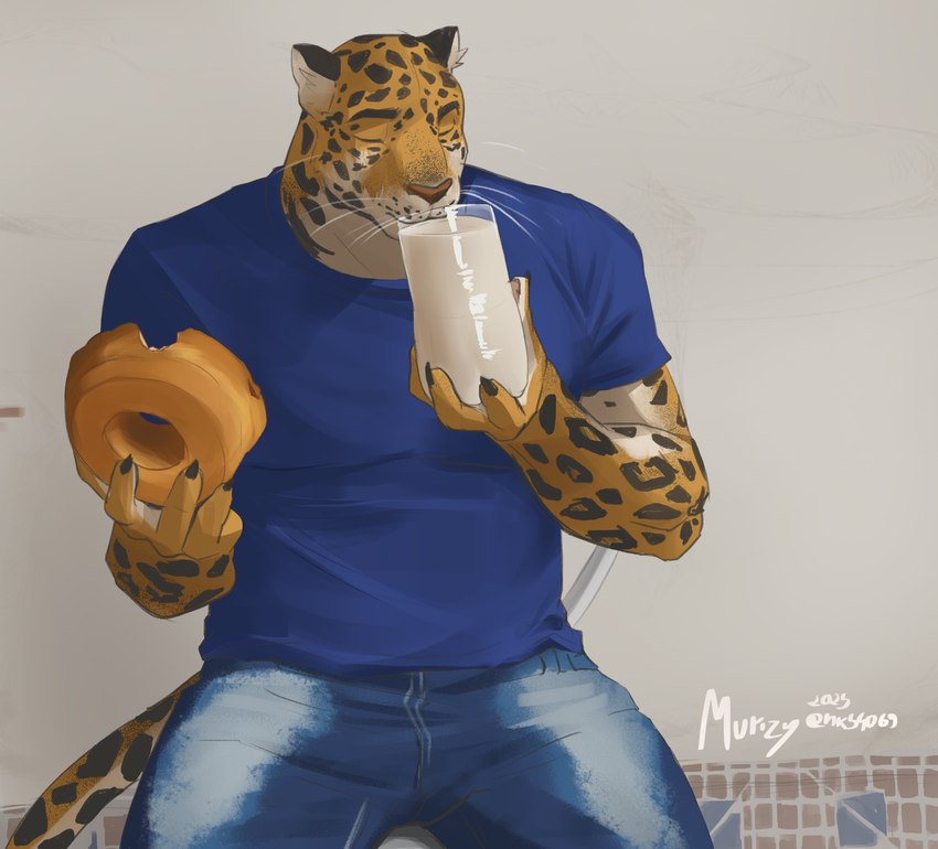 5_fingers anthro beverage bottle bottomwear cake chair claws clothed clothing container countershading denim denim_bottomwear denim_clothing dessert drinking eyebrows eyes_closed fingers food fur furniture holding_bottle holding_container holding_food holding_object inner_ear_fluff jeans male markings milk muscular muscular_anthro muscular_male outside pants pawpads shirt solo spots spotted_body spread_legs spreading t-shirt tail topwear tuft wall_(structure) whiskers white_whiskers yellow_body yellow_fur murizy felid feline jaguar mammal pantherine 2025 colored digital_drawing_(artwork) digital_media_(artwork) hi_res shaded watermark