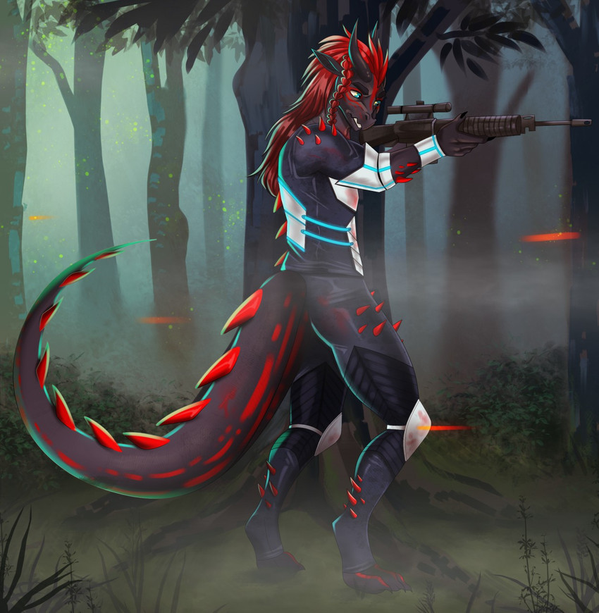 aiming anthro arm_spikes armor assault_rifle back_spikes black_claws blue_eyes bracers braided_hair claws clothed clothing day depth_of_field detailed_background digitigrade elbow_pads energy feet fingers forest fully_clothed grass gun gunfire hair holding_gun holding_object holding_ranged_weapon holding_weapon horn knee_pads leg_spikes long_hair male outside plant ranged_weapon red_hair rifle roots scope shoulder_spikes shrub side_view skinsuit smoke solo spiked_tail spikes spikes_(anatomy) standing straight_hair tail tight_clothing toes tree weapon aimi kobold lizard reptile scalie 2020 digital_media_(artwork) hi_res