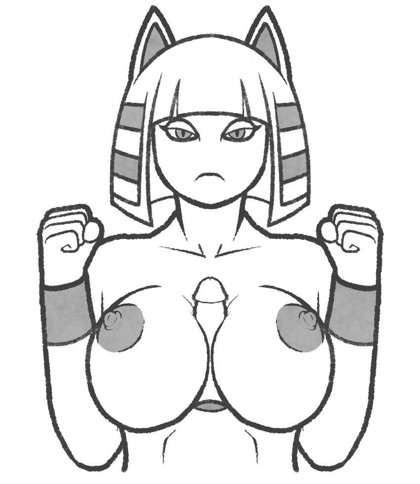 anthro areola breast_play breasts disembodied_penis duo egyptian female frown genitals glans male male/female nipples penis sex simple_background solo_focus titfuck arcnod animal_crossing nintendo ankha_(animal_crossing) domestic_cat felid feline felis mammal monochrome