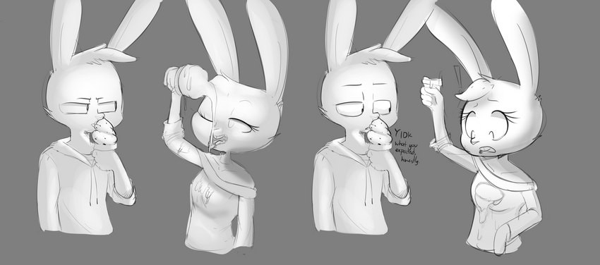 anthro bedroom_eyes clothing dessert dialogue duo exclamation_point female food head_tuft hoodie ice_cream male male/female narrowed_eyes seductive shoulderless_shirt topwear tuft agidyne rose_(agidyne) stephen_(agidyne) lagomorph leporid mammal rabbit 2022 absurd_res hi_res monochrome cousins_(lore)