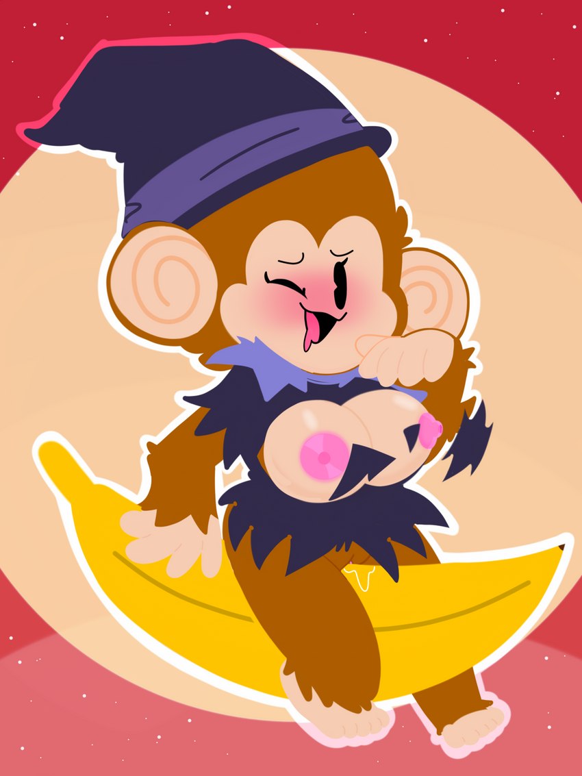 alternate_costume banana blush bodily_fluids breasts brown_body brown_fur clothing female food fruit fur genital_fluids genitals grinding headgear headwear looking_at_viewer moon plant pussy solo torn_clothing vaginal_fluids maio sega super_monkey_ball meemee haplorhine humanoid mammal monkey primate 3:4 absurd_res hi_res