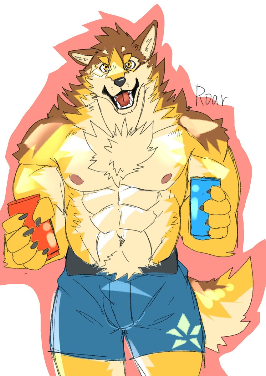 abs anthro brown_body brown_fur canned_drink chest_tuft clothing fur male muscular muscular_anthro muscular_male nipples pecs shirtless solo tuft underwear roarwolf lifewonders live_a_hero barrel_(live_a_hero) canid canine canis mammal wolf hi_res