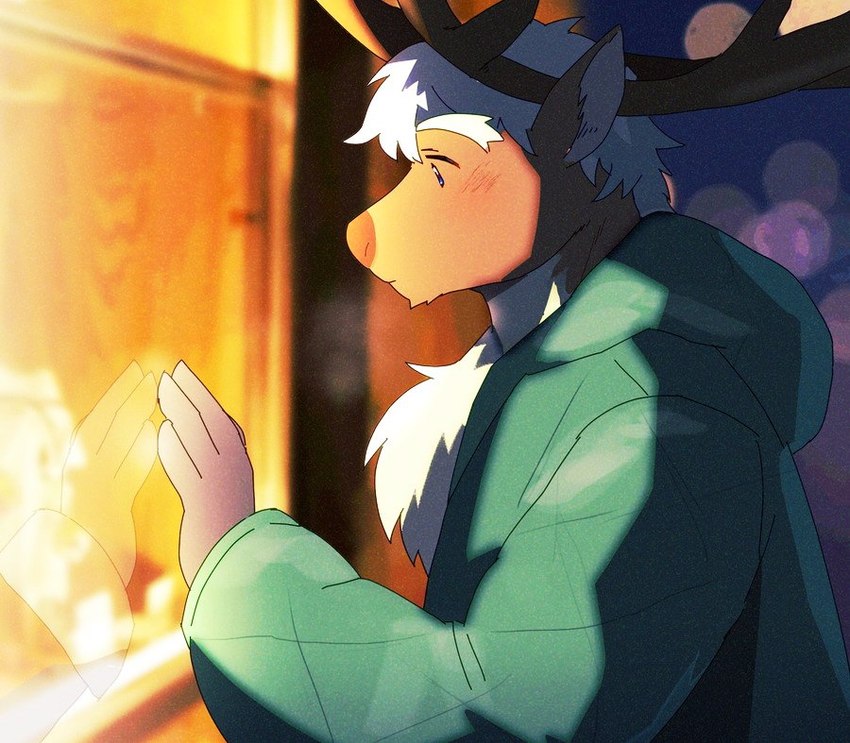 anthro antlers blue_eyes blush brown_body brown_fur clothing coat eyebrows fluffy_chest fur gloves handwear horn male solo thick_eyebrows topwear window gizugazu lifewonders tokyo_afterschool_summoners yule_(tas) deer mammal new_world_deer reindeer