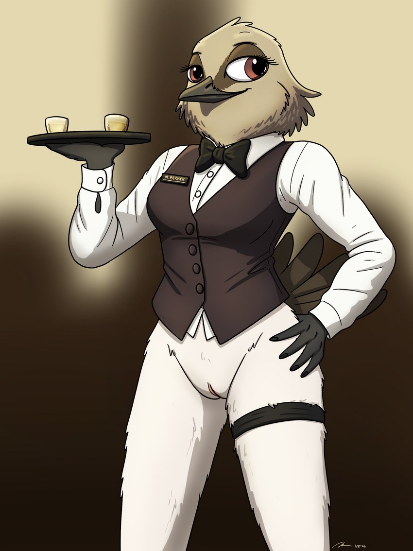 anthro black_tie_(suit) bottomless bow_tie casual_exposure clothed clothing collared_shirt dress_shirt female genitals leg_strap pussy shirt solo suit topwear vest waiter waiter_suit waiter_tray waitress_uniform fish_birb millie_(fish_birb) avian bird oscine passerine starling_(bird) absurd_res hi_res