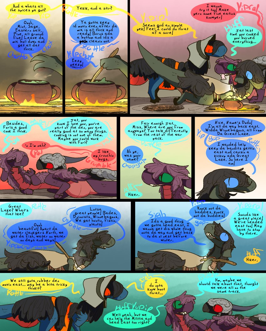 campfire cooking dialogue fantasy female feral group lying male post-apocalyptic tail text thepatchedragon dragonscape mythology dodo_(thepatchedragon) forl_(thepatchedragon) hiker_(thepatchedragon) jat_(thepatchedragon) dinosaur dragon drekir dromaeosaurid mythological_creature mythological_scalie prehistoric_species reptile scalie theropod comic english_text hi_res