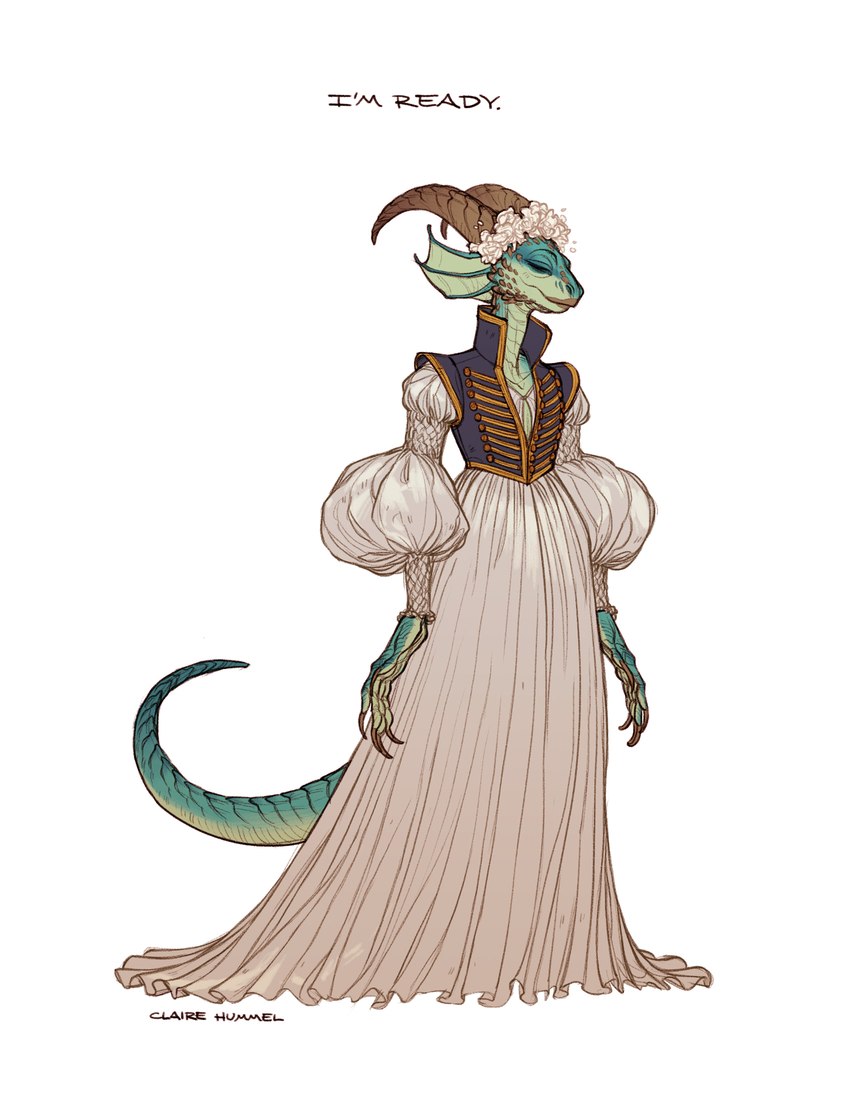 2_horns ambiguous_gender anthro belly_scales clawed_fingers clothed clothing demi-gigot_sleeves dialogue dress ear_frill eyes_closed facial_markings flower flower_crown frill_(anatomy) fully_clothed gigot_sleeves green_body green_scales head_markings horn juliet_sleeves markings plant puffy_sleeves scales solo tail text shoomlah dungeons_and_dragons hasbro mcelroy_brothers the_adventure_zone wizards_of_the_coast carey_fangbattle dragonborn_(dnd) scalie english_text hi_res