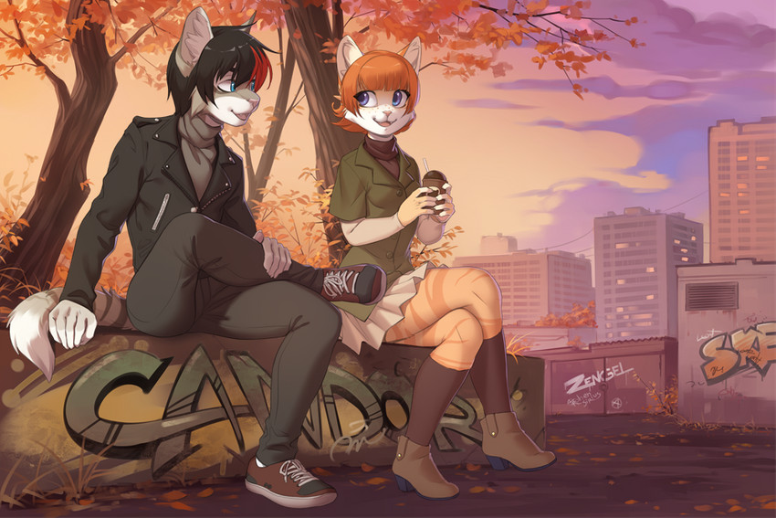 5_fingers anthro autumn blue_eyes clothed clothing day detailed_background duo female fingers footwear graffiti male outside shoes sitting sky iskra edgar_(iskra) vera_(iskra) domestic_cat felid feline felis mammal 2020 digital_media_(artwork)