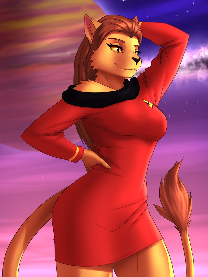 anthro arm_tuft breasts brown_body brown_fur brown_hair clothing exposure_variation eyebrows eyelashes female fur hair hand_on_hip inner_ear_fluff long_hair planet pupils shoulder_tuft slit_pupils solo starfleet_uniform tail tail_tuft tuft uniform yellow_sclera mykegreywolf star_trek star_trek_the_animated_series m'ress alien caitian felid mammal 2022 3:4 absurd_res hi_res portrait three-quarter_portrait