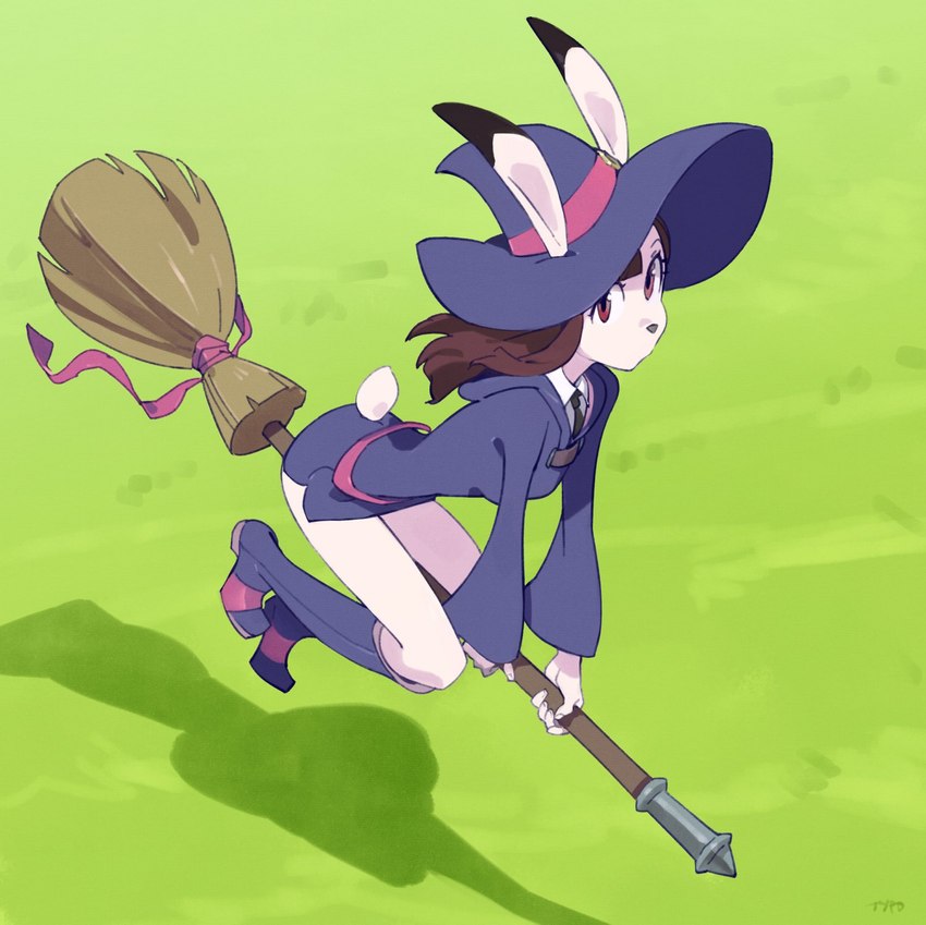 anthro black_nose breasts broom broom_riding brown_hair cleaning_tool clothed clothing dipstick_ears ear_markings female fingers flying footwear fully_clothed fur grass hair hat headgear headwear monotone_tail multicolored_ears plant shadow solo tail two_tone_ears white_body white_ears white_fur white_tail witch_hat requiemdusk little_witch_academia studio_trigger atsuko_kagari lagomorph leporid mammal rabbit 2023 hi_res