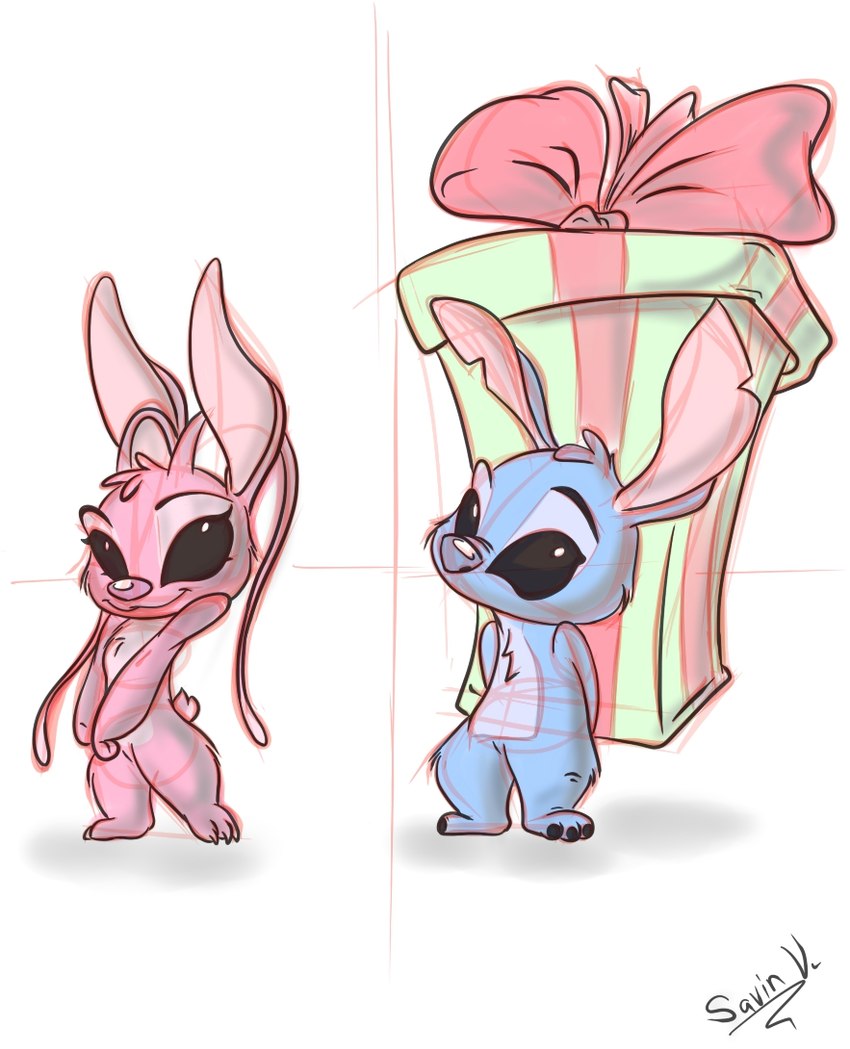 antennae_(anatomy) anthro biped black_eyes blue_body blue_fur chest_tuft duo eyelashes female fur gift head_tuft holding_gift holding_object long_antennae male notched_ear pink_antennae pink_body pink_fur scut_tail short_tail simple_background smile standing tail tuft white_background s4vin disney lilo_and_stitch angel_(lilo_and_stitch) stitch_(lilo_and_stitch) alien experiment_(lilo_and_stitch) 2023 colored_sketch digital_drawing_(artwork) digital_media_(artwork) signature sketch