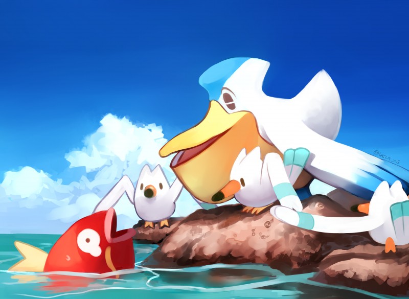 ambiguous_gender blue_eyes feral group open_mouth outside water wings ropang nintendo pokemon avian bird fish generation_1_pokemon generation_3_pokemon magikarp marine pelipper pokemon_(species) wingull 2018 absurd_res hi_res