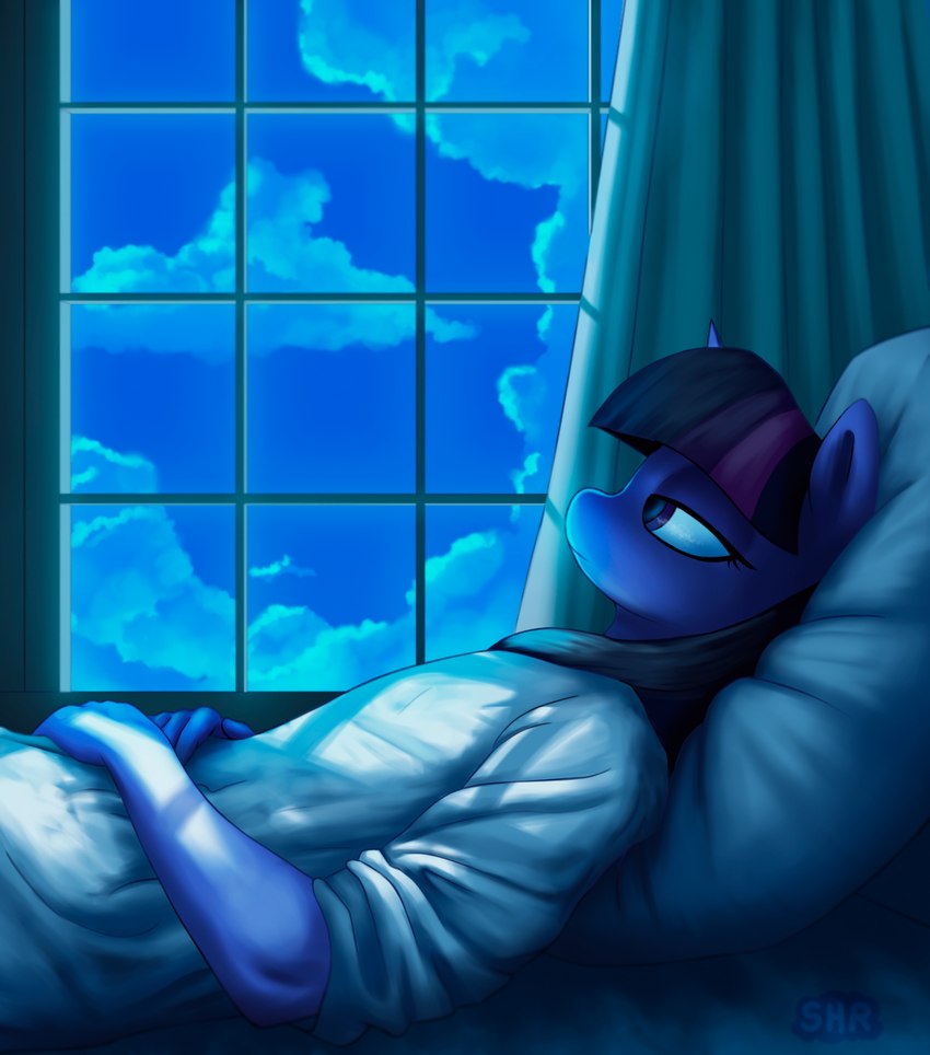 anthro anthrofied bed clothing cloud curtains curtains_open dreamcore female fingers furniture horn lidded_eyes lying on_back pillow sky skyscape solo window suhar friendship_is_magic hasbro my_little_pony mythology twilight_sparkle_(mlp) equid equine horse mammal mythological_creature mythological_equine pony unicorn hi_res