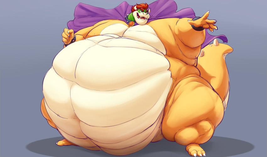 3_toes 5_fingers anthro armband belly big_belly biped cape claws clothing collar feet fingers hair horn huge_belly hyper hyper_belly male morbidly_obese morbidly_obese_anthro morbidly_obese_male obese obese_anthro obese_male overweight overweight_anthro overweight_male red_hair solo spiked_armband spiked_collar spiked_tail spikes spikes_(anatomy) tail toes croconut itzcharlie kosmonius mario_bros nintendo bowser koopa scalie absurd_res hi_res