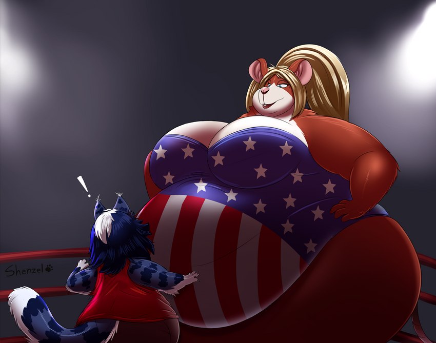 anthro clothing duo female fighting_ring hair male morbidly_obese obese overweight size_difference wrestler wrestling shenzel abigail_(cheesecaker) shenzel_(shenzel) domestic_cat felid feline felis mammal mouse murid murine rodent 2021 hi_res signature