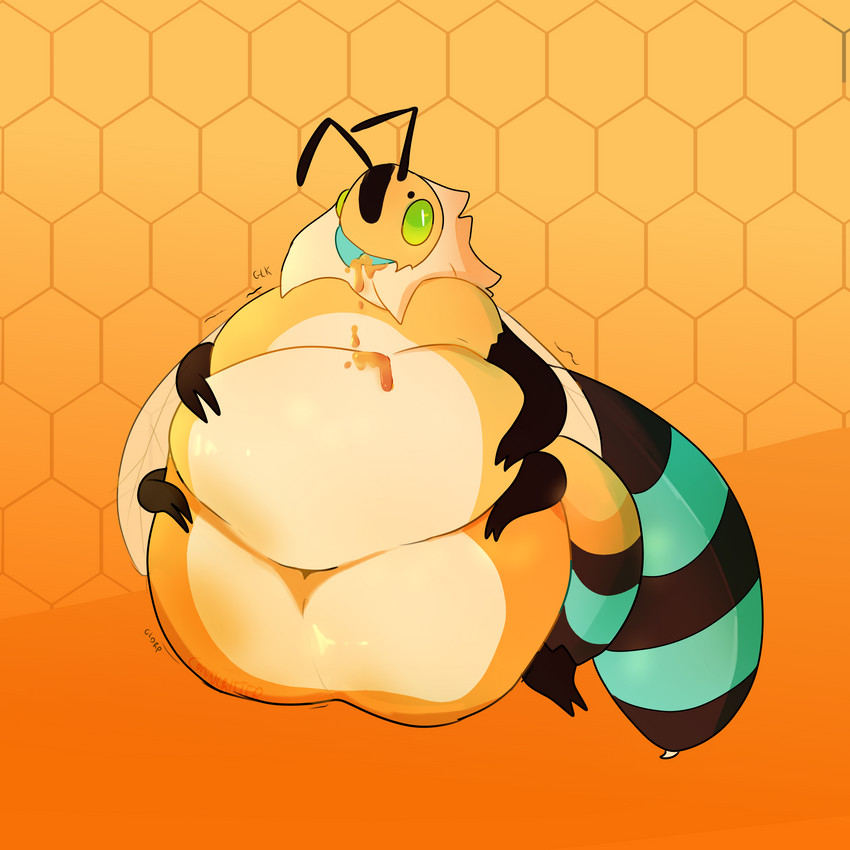 anthro beehive belly big_belly expansion female food honey_(food) multi_limb navel obese obese_female overweight overweight_female yellow_body arthropod bee hymenopteran insect 1:1 hi_res