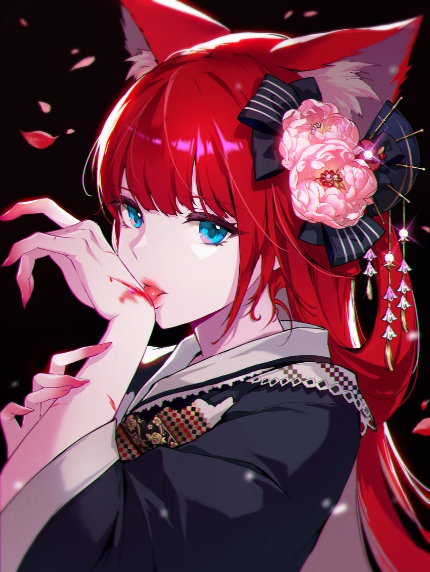 accessory animal_ears asian_clothing black_background blood blue_eyes bodily_fluids clothed clothing east_asian_clothing female fingernails flower flower_in_hair hair hair_accessory hair_ribbon hand_lick japanese_clothing kimono licking licking_blood long_hair looking_at_viewer nails petals plant pointed_nails red_hair red_petals ribbons shadow simple_background solo tongue tongue_out upper_body minj_kim animal_humanoid humanoid mammal mammal_humanoid absurd_res hi_res