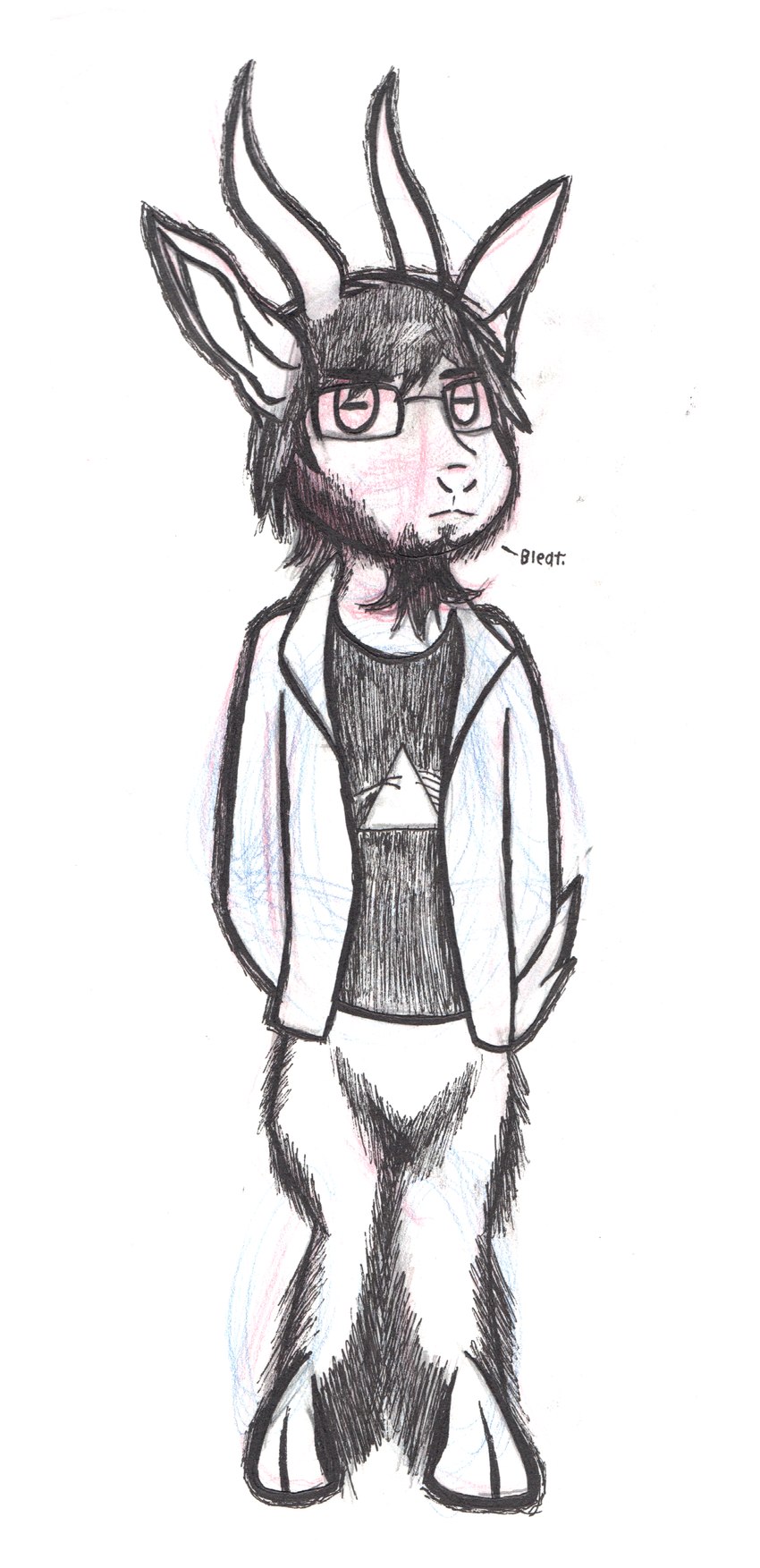 anthro beard clothed clothing eyebrows eyewear facial_hair glasses hair hand_in_pocket hooves horn long_ears male pantsless philtrum pockets pupils shaggy_fur shirt simple_background slit_pupils snout solo sweater tail text topwear white_background schreckengast pink_floyd the_dark_side_of_the_moon_(album) mark_hor bovid caprine goat mammal 2014 absurd_res black_and_white english_text hi_res line_art monochrome traditional_media_(artwork)