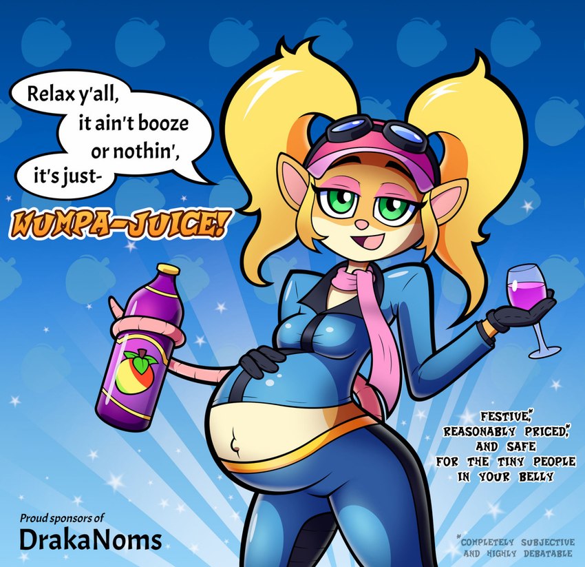 anthro blonde_hair breasts clothing container cup drinking_glass female glass glass_container glass_cup green_eyes hair holding_belly pigtails pink_nose pregnant pregnant_anthro pregnant_female scarf small_breasts solo text tight_clothing drakanoms activision crash_bandicoot_(series) crash_team_racing_(series) crash_team_racing_nitro-fueled pasadena_o'possum english_text hi_res