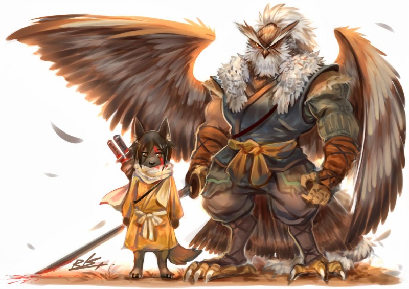 alternate_species anthro beak black_hair blood bodily_fluids duo feathered_wings feathers furrification hair holding_melee_weapon holding_object holding_sword holding_weapon katana looking_at_viewer male melee_weapon sword weapon wings rabbity fromsoftware sekiro:_shadows_die_twice ukonzaemon_usui wolf_(sekiro) avian bird canid canine canis mammal owl wolf 2019