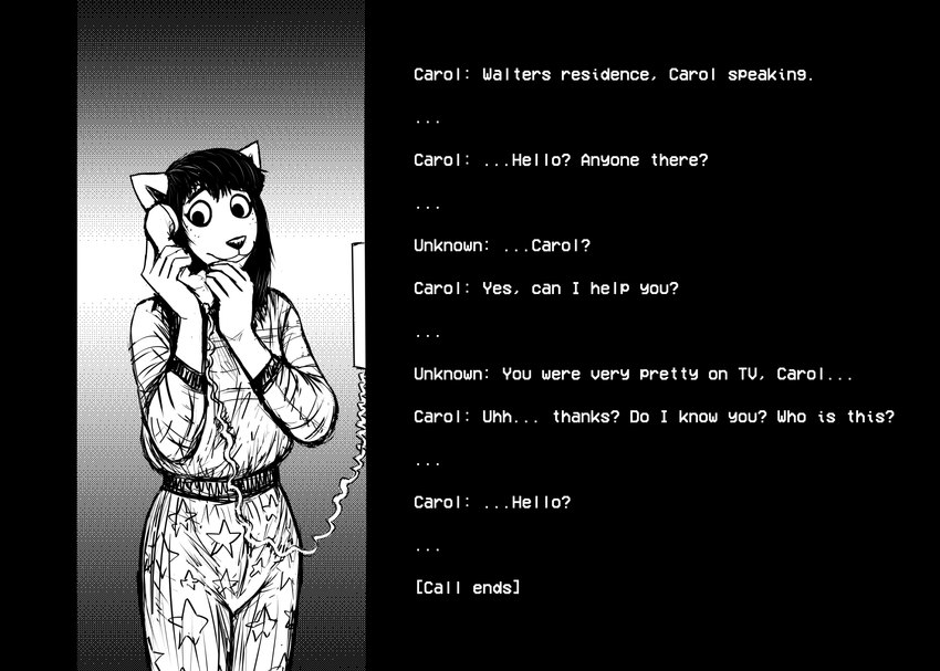 anthro bottomwear clothing dialogue electronics female fur greeting hair holding_object holding_phone landline_phone phone solo stalker stalking text topwear hladilnik carol_(hladilnik) canid canine canis domestic_dog mammal 2022 black_and_white comic english_text hi_res monochrome